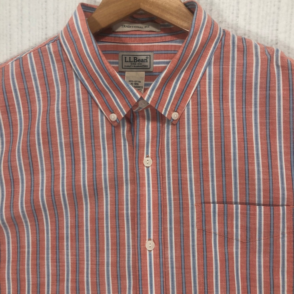 LL Bean Mens XL Traditional Fit Short Sleeve Striped Button Down Shirt 500833